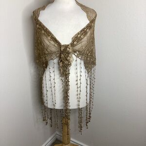 Pat Dahnke Lace Shawl Scarf Fringe Antique Brown OS